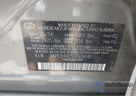 2014 Hyundai Sonata Gls z USA, uszkodzony, nr VIN 5NPEB4AC5EH939185